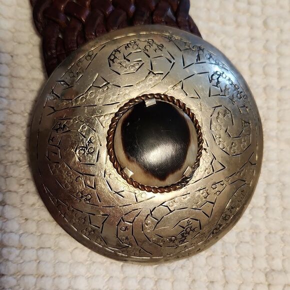 Anthropologie Motiv 56 brown leather braided belt with round engraved buckle main image 8